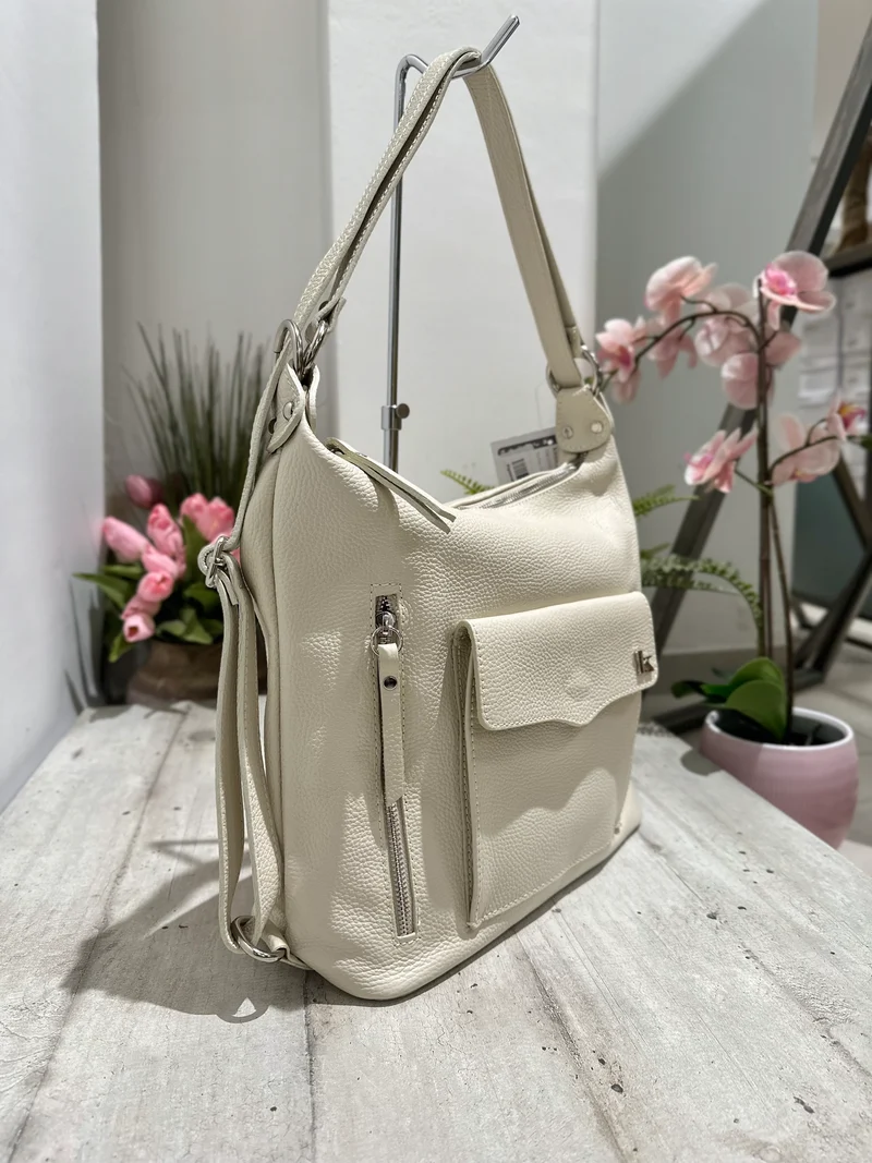 Borsa a Spalla che diventa Zaino in Vera Pelle Panna Logo K FIAMMETTA