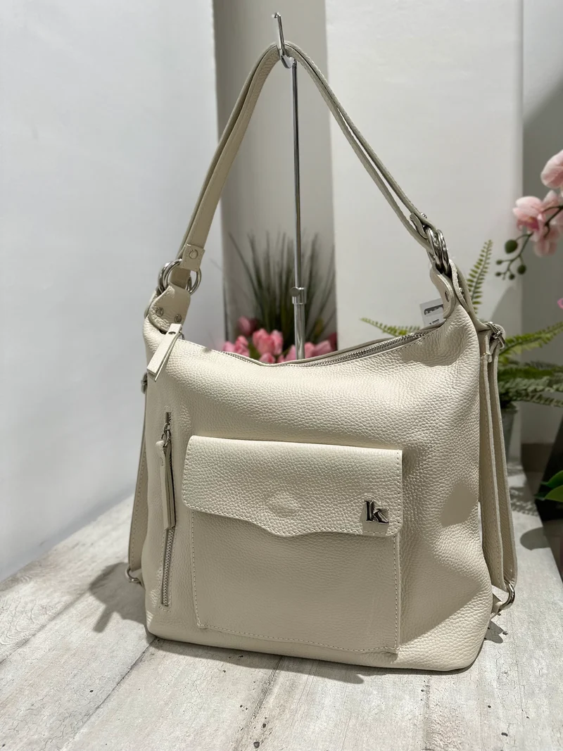 Borsa a Spalla che diventa Zaino in Vera Pelle Panna Logo K FIAMMETTA