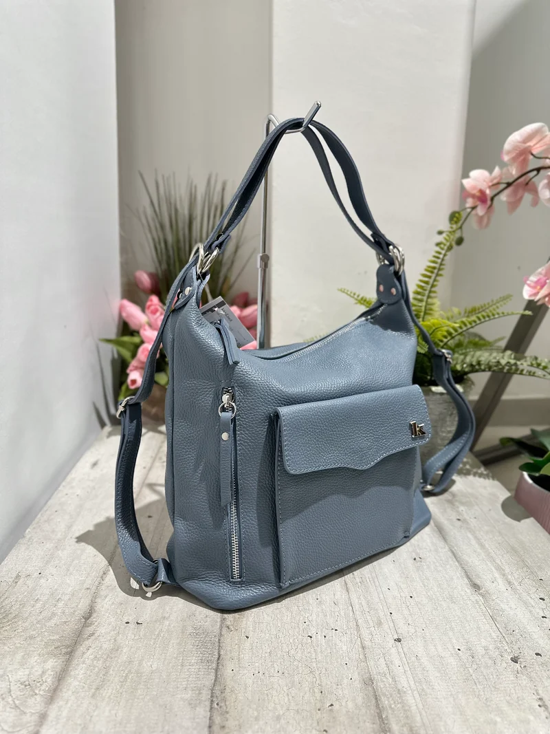Borsa a Spalla che diventa Zaino in Vera Pelle Azzuro Jeans Logo K FIAMMETTA