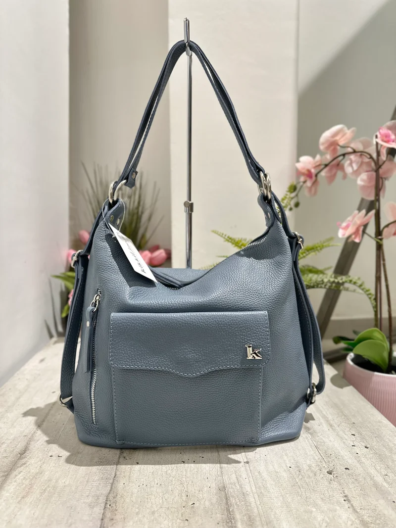 Borsa a Spalla che diventa Zaino in Vera Pelle Azzuro Jeans Logo K FIAMMETTA