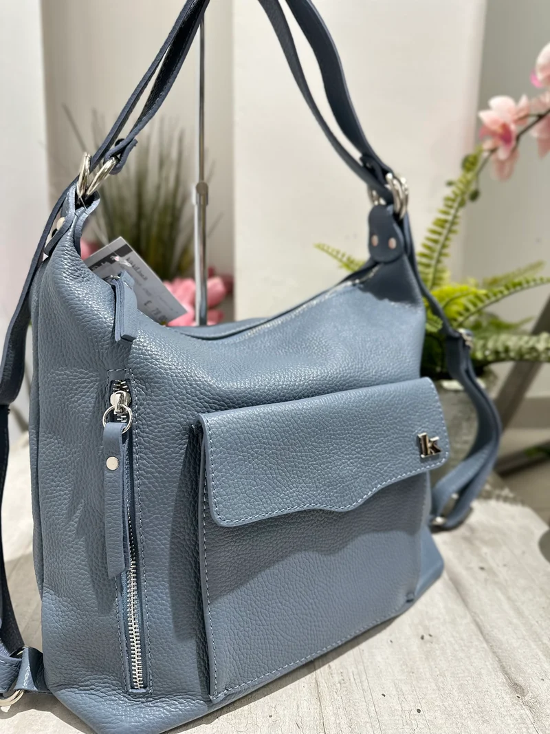 Borsa a Spalla che diventa Zaino in Vera Pelle Azzuro Jeans Logo K FIAMMETTA