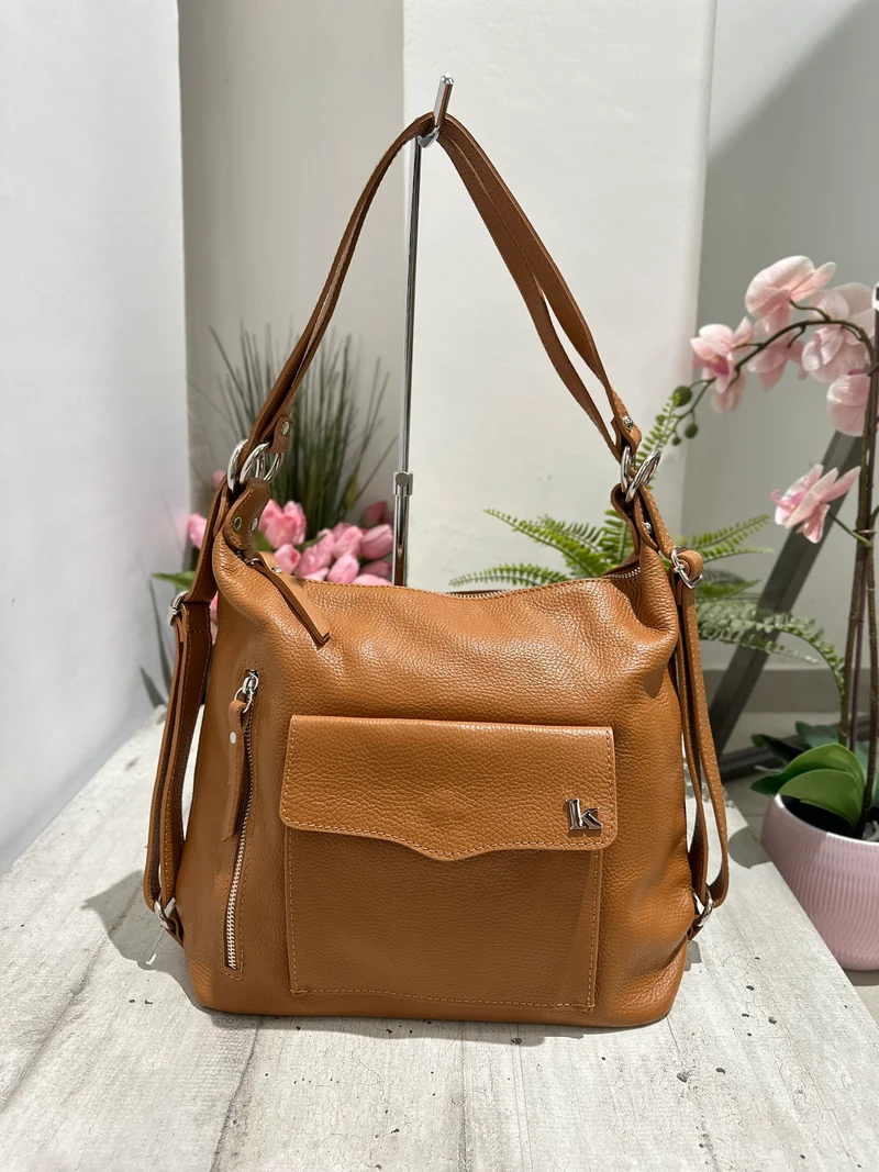 Borsa a Spalla che diventa Zaino in Vera Pelle Cuoio Logo K FIAMMETTA