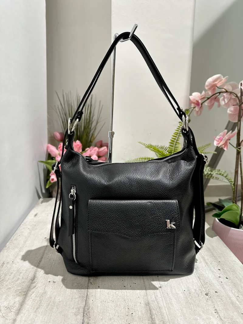 Borsa a Spalla che diventa Zaino in Vera Pelle Nera Logo K FIAMMETTA