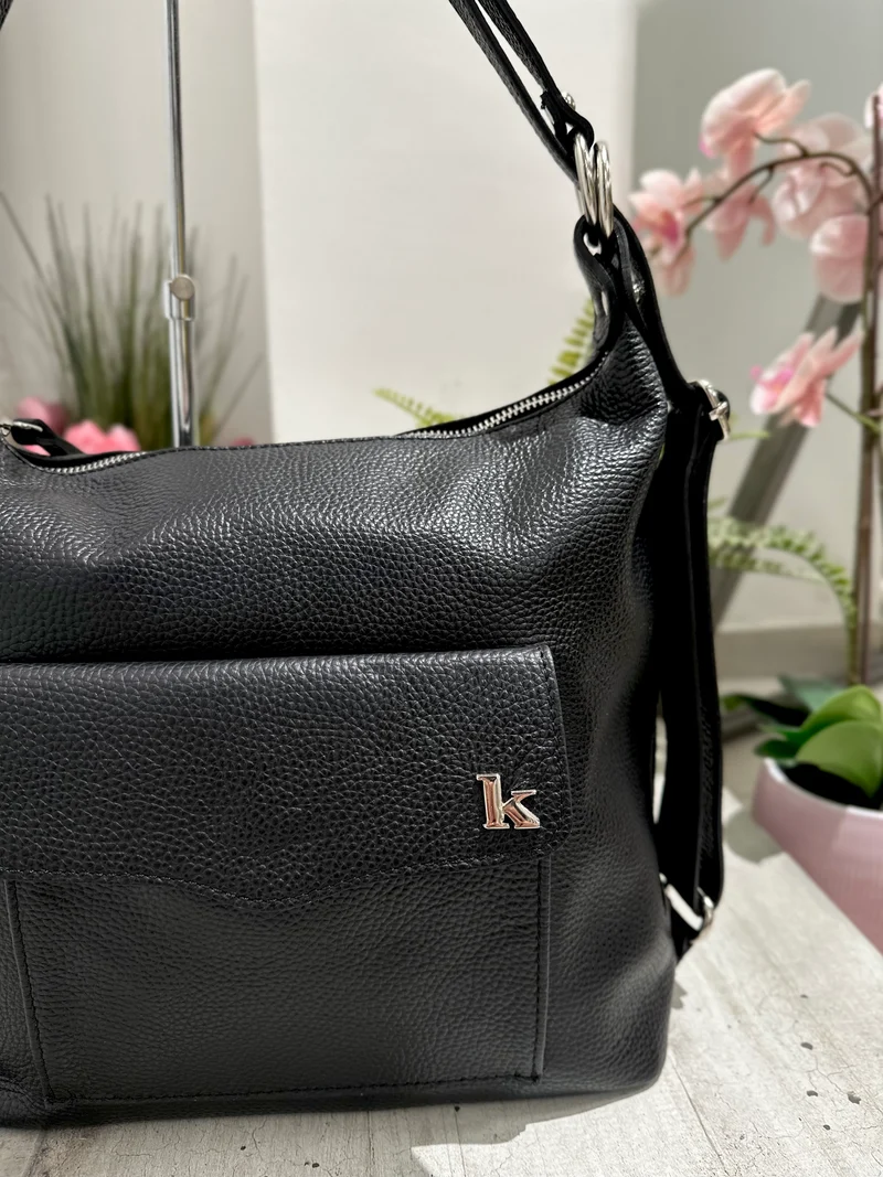 Borsa a Spalla che diventa Zaino in Vera Pelle Nera Logo K FIAMMETTA