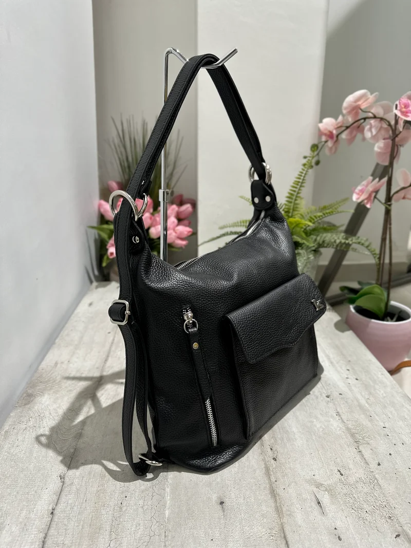 Borsa a Spalla che diventa Zaino in Vera Pelle Nera Logo K FIAMMETTA