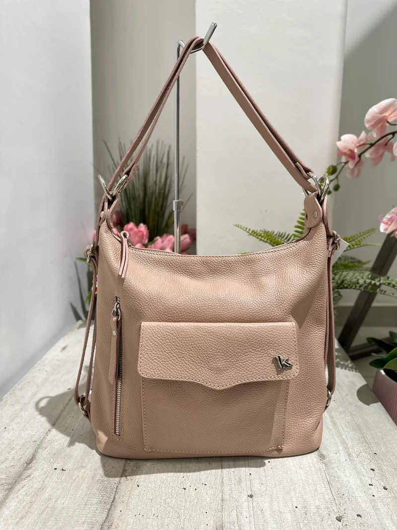 Borsa a Spalla che diventa Zaino in Vera Pelle Beige Logo K FIAMMETTA