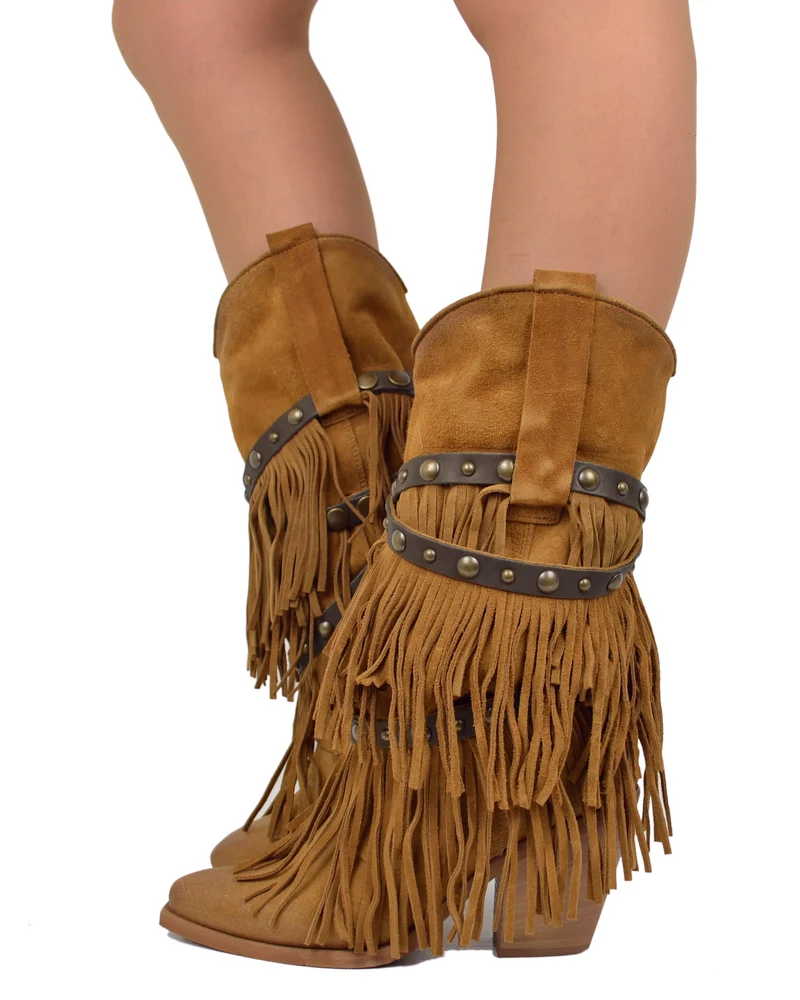 Stivali Texani con Frange Vera Pelle Scamosciata Wild Cowboyboots Cuoio