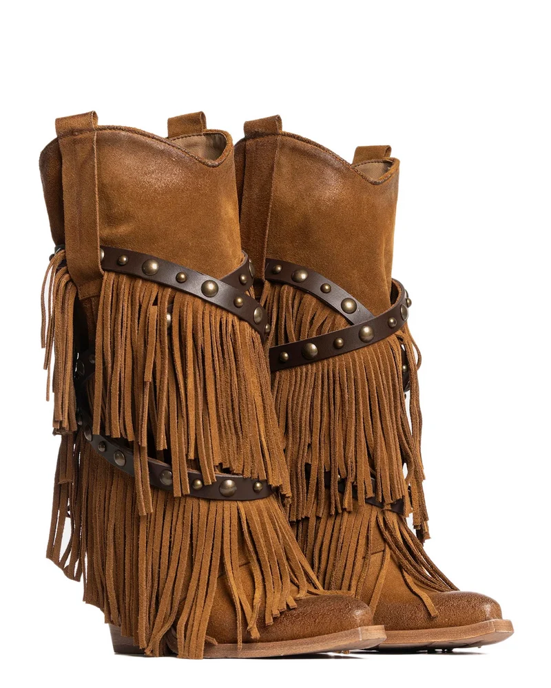Stivali Texani con Frange Vera Pelle Scamosciata Wild Cowboyboots Cuoio