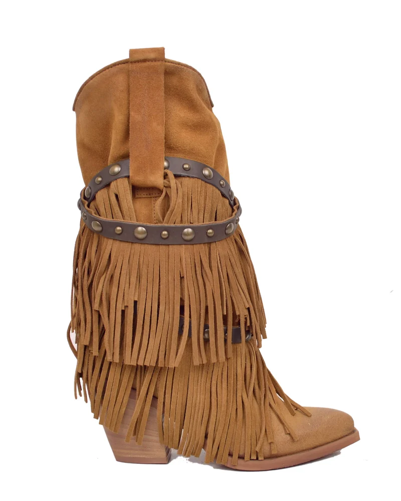 Stivali Texani con Frange Vera Pelle Scamosciata Wild Cowboyboots Cuoio