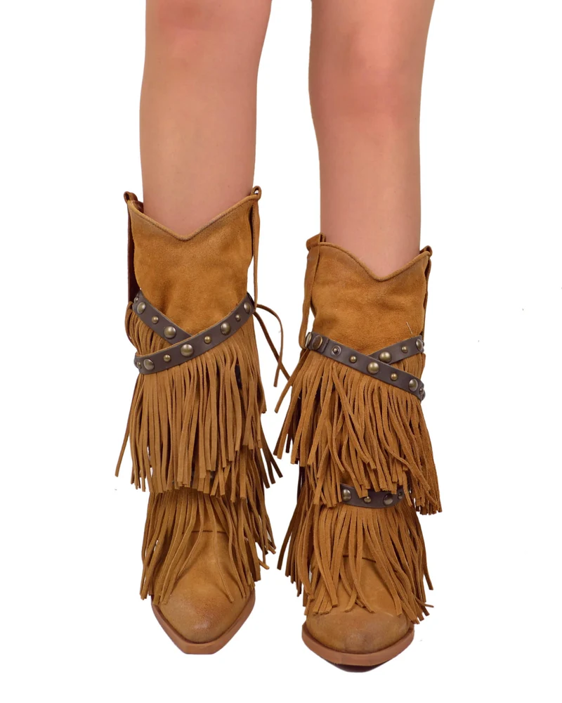 Stivali Texani con Frange Vera Pelle Scamosciata Wild Cowboyboots Cuoio
