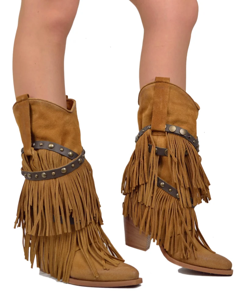 Stivali Texani con Frange Vera Pelle Scamosciata Wild Cowboyboots Cuoio