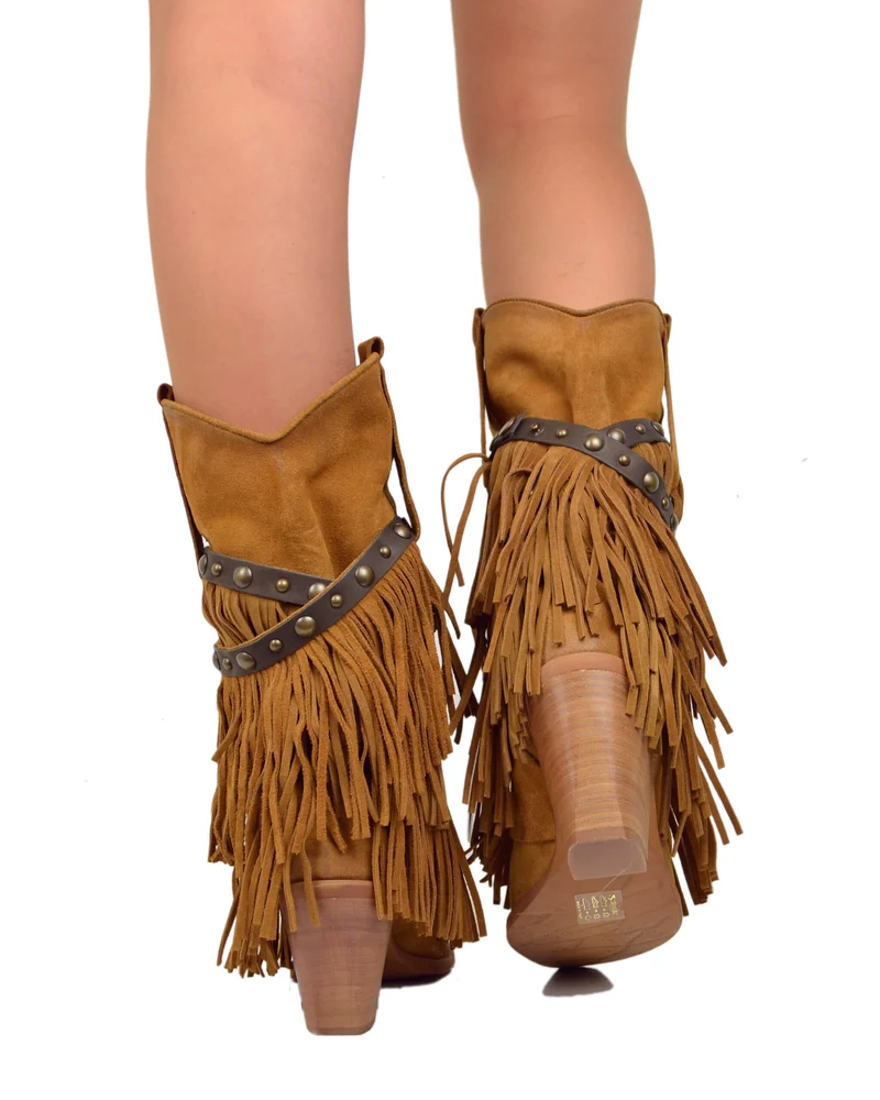 Stivali Texani con Frange Vera Pelle Scamosciata Wild Cowboyboots Cuoio