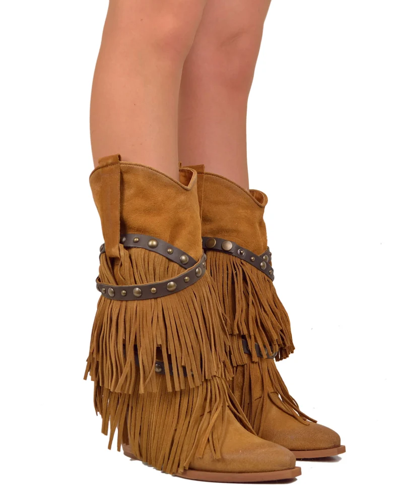 Stivali Texani con Frange Vera Pelle Scamosciata Wild Cowboyboots Cuoio