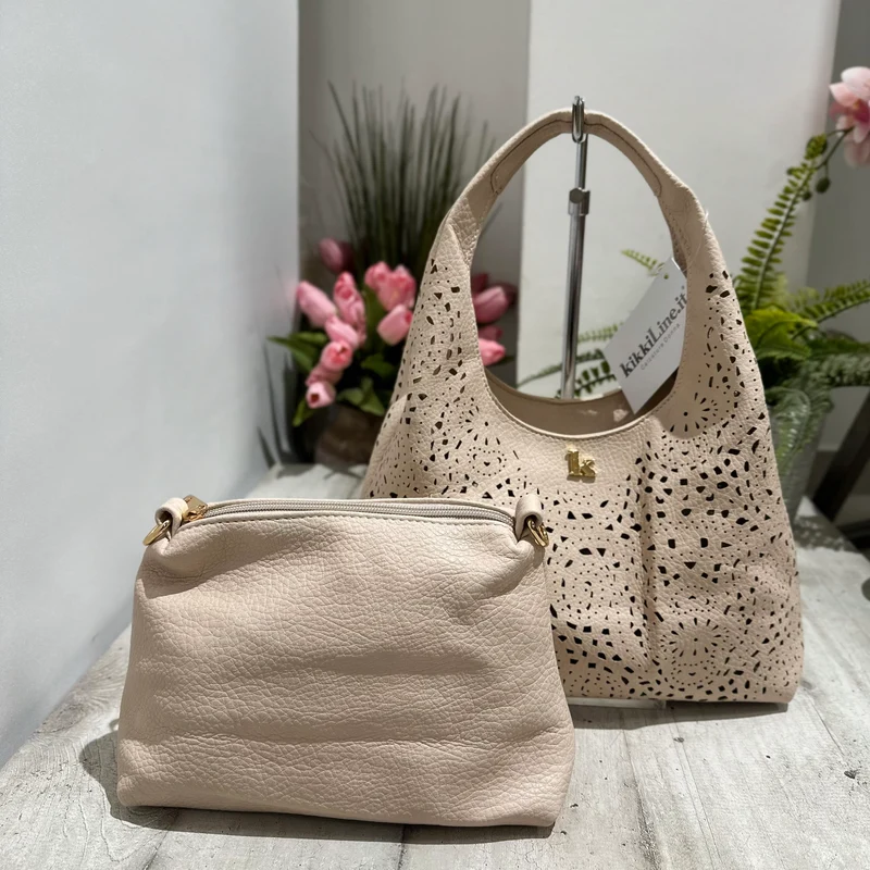 Borsa Traforata similpelle con Borsello e Tracolla Inclusi All'interno Beige BRIDGET