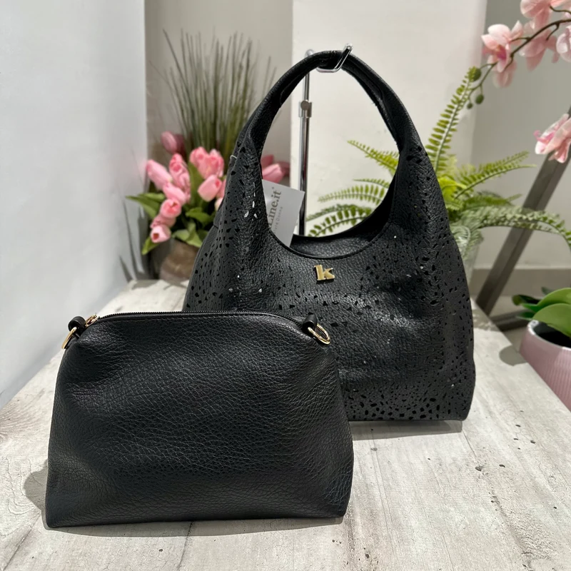 Borsa Traforata similpelle con Borsello e Tracolla Inclusi All'interno Nera BRIDGET