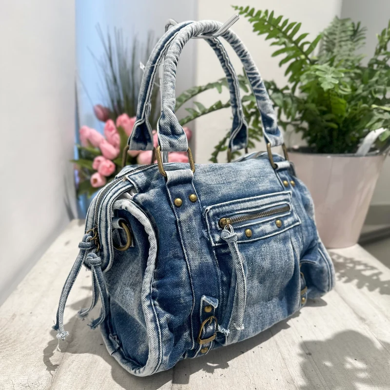 Borsa Maxi Jeans a Mano e con Tracolla all'interno e Zip DENIM Dark Blue LEA