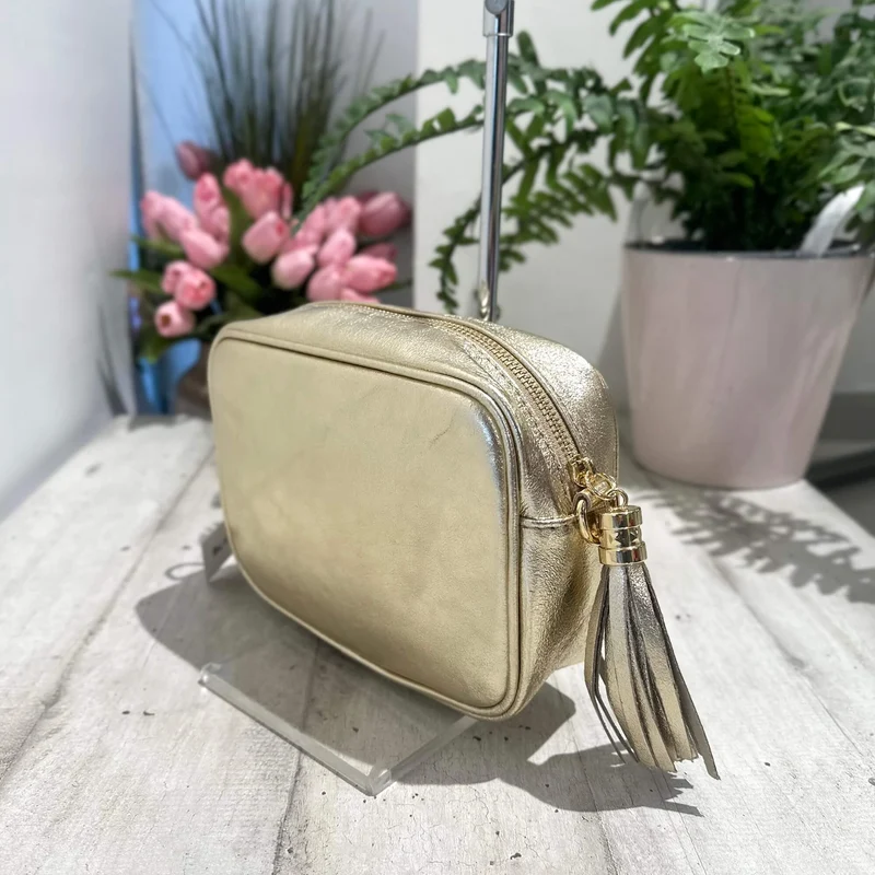 Borsa Saponetta con Nappina e Zip VERA PELLE Platino con tracolla PAOLA