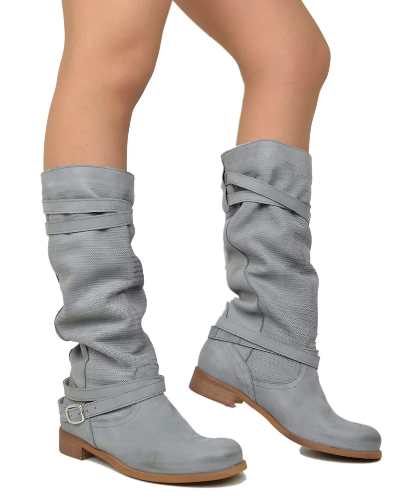 Stivali Estivi Donna Pelle Nabuk Vintage Zigrinati Grey Made in Italy