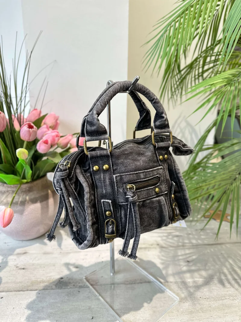 Borsa Mini in Jeans a Mano e con Tracolla all'interno e Zip DENIM Black SIMONETTA