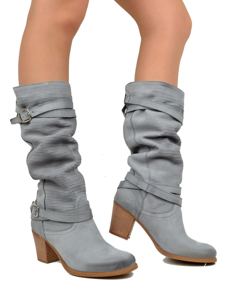 Stivali Donna in Pelle Nabuk Gambale Zigrinato Grey Made in Italy