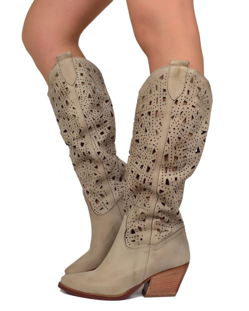 Stivali Texani Estivi Marroni in Pelle Traforata Taupe Made in italy