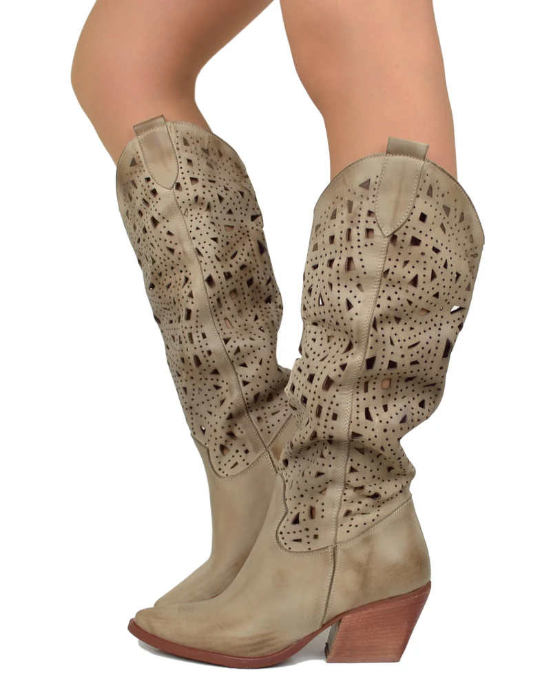 Stivali Texani Estivi Marroni in Pelle Traforata Taupe Made in italy