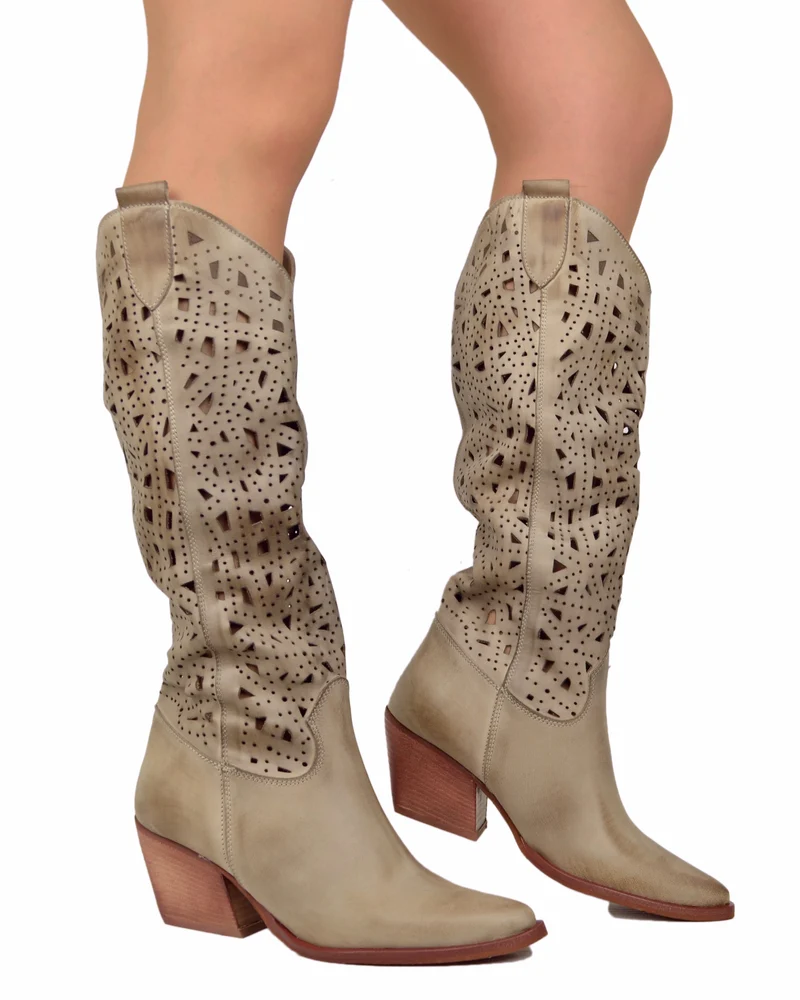 Stivali Texani Estivi Marroni in Pelle Traforata Taupe Made in italy