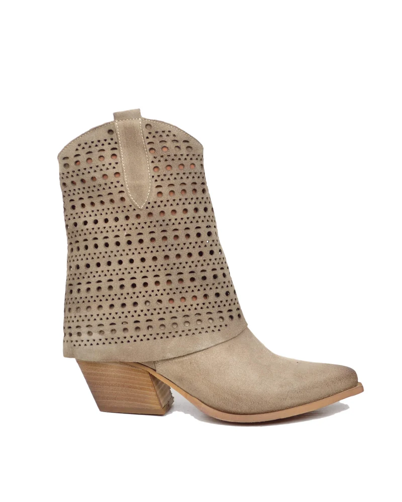 Texani con Ghetta Traforata Tacco 6 cm Pelle Scamosciata Taupe