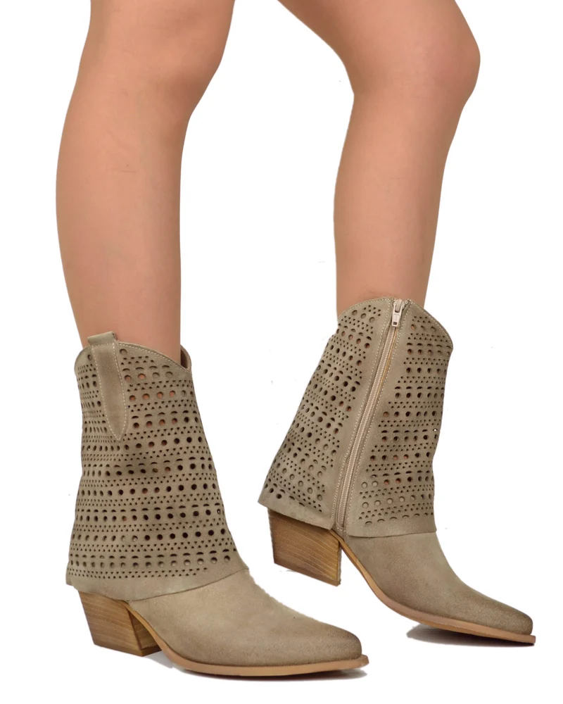 Texani con Ghetta Traforata Tacco 6 cm Pelle Scamosciata Taupe