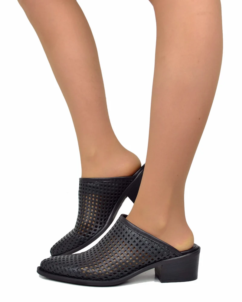 Sabot Donna Neri Traforati Vera Pelle Tacco 4 cm Made in Italy