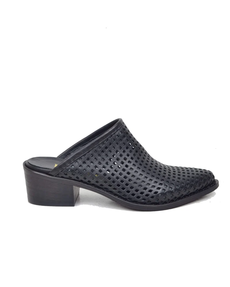 Sabot Donna Neri Traforati Vera Pelle Tacco 4 cm Made in Italy