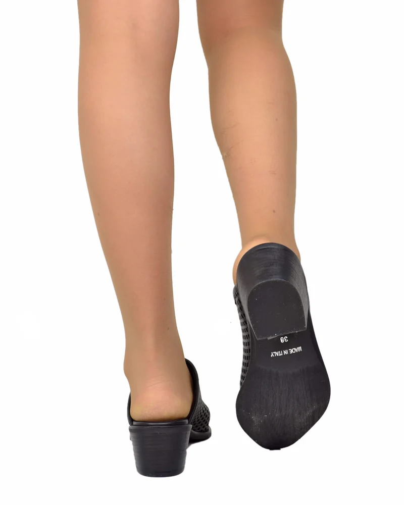 Sabot Donna Neri Traforati Vera Pelle Tacco 4 cm Made in Italy