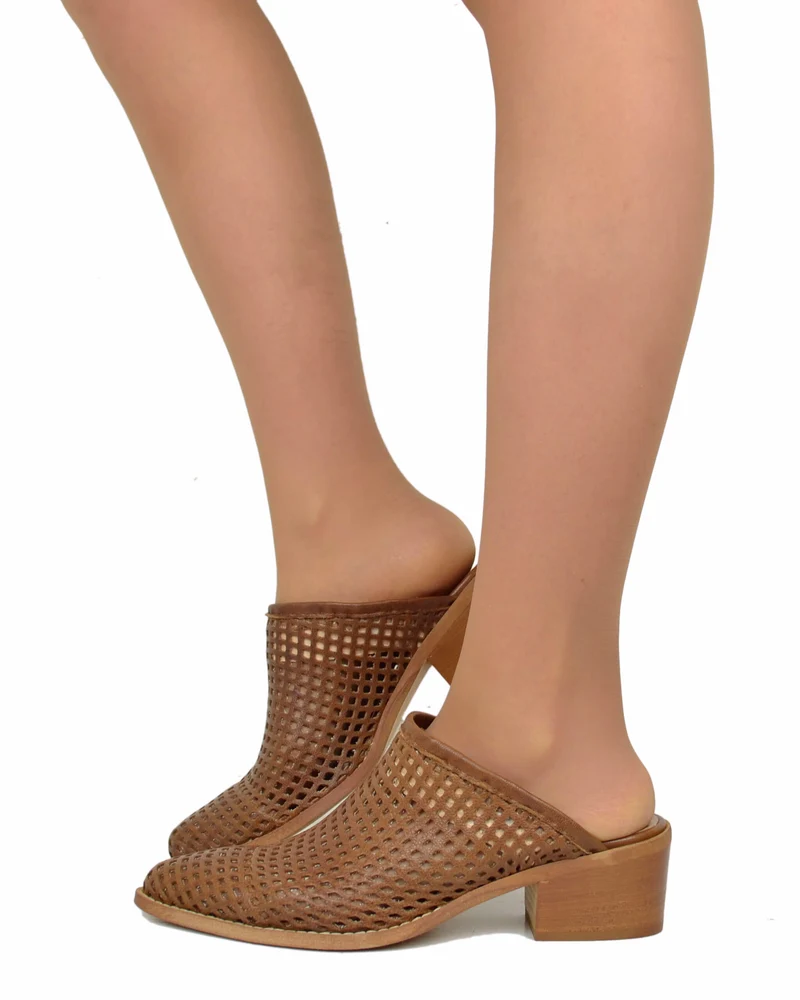 Sabot Donna Cuoio Traforati Vera Pelle Tacco 4 cm Made in Italy