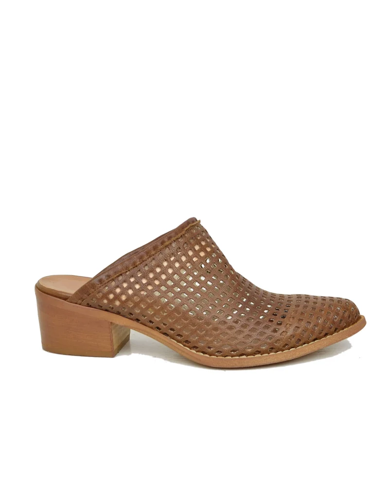 Sabot Donna Cuoio Traforati Vera Pelle Tacco 4 cm Made in Italy