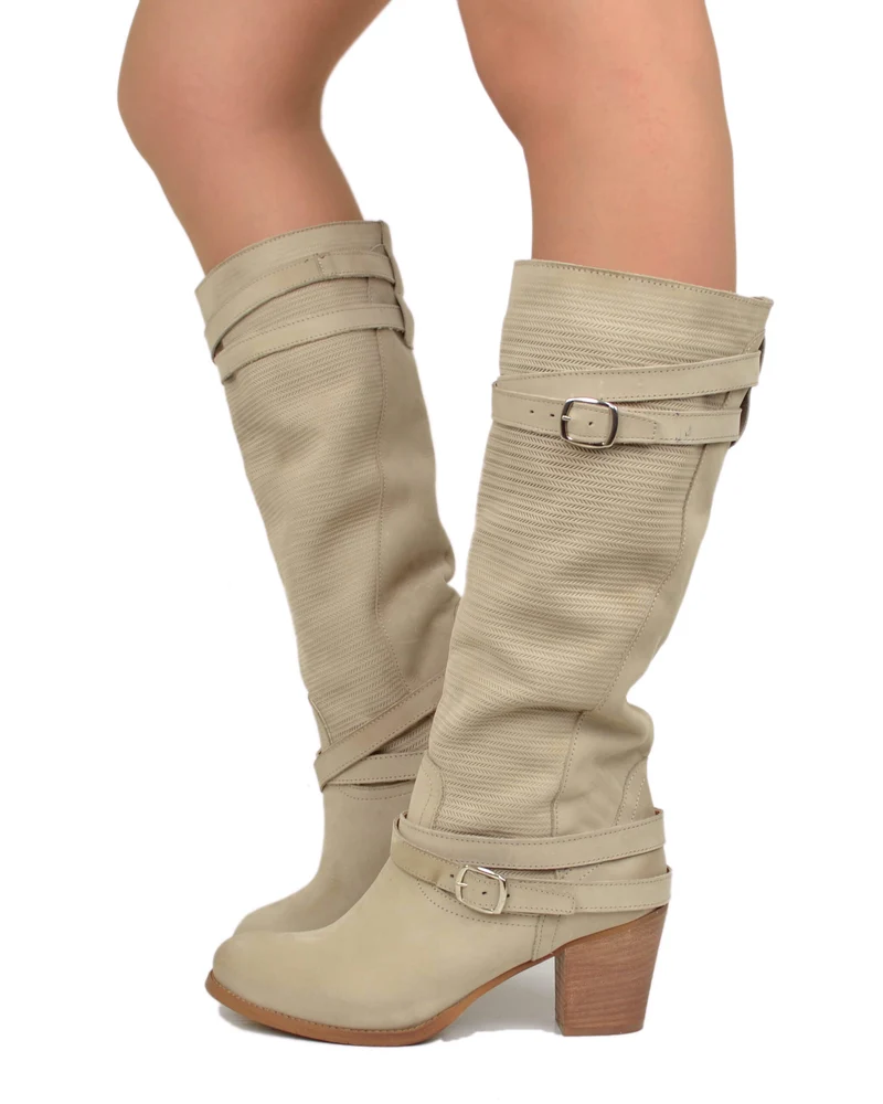 Stivali Donna in Pelle Nabuk Zigrinata Sabbia Tacco Medio 7 cm Made in Italy