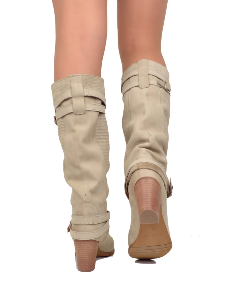 Stivali Donna in Pelle Nabuk Zigrinata Sabbia Tacco Medio 7 cm Made in Italy