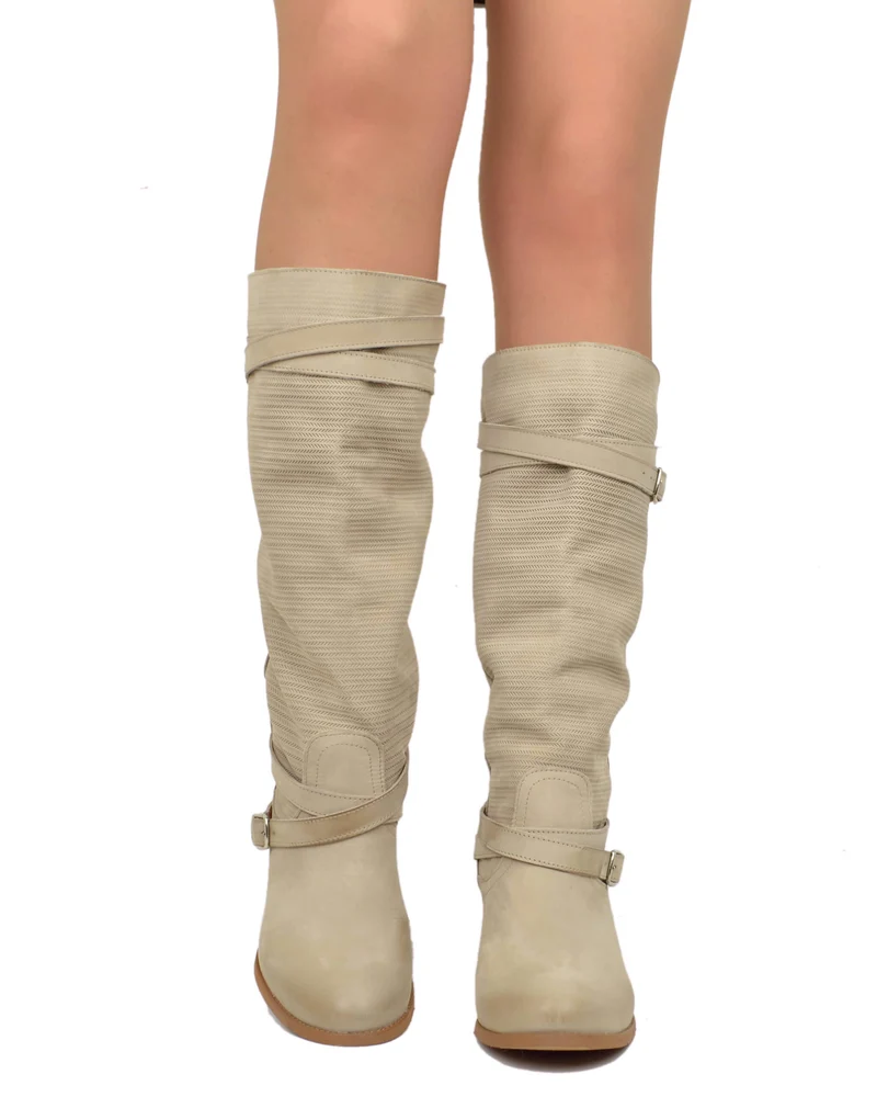 Stivali Donna in Pelle Nabuk Zigrinata Sabbia Tacco Medio 7 cm Made in Italy