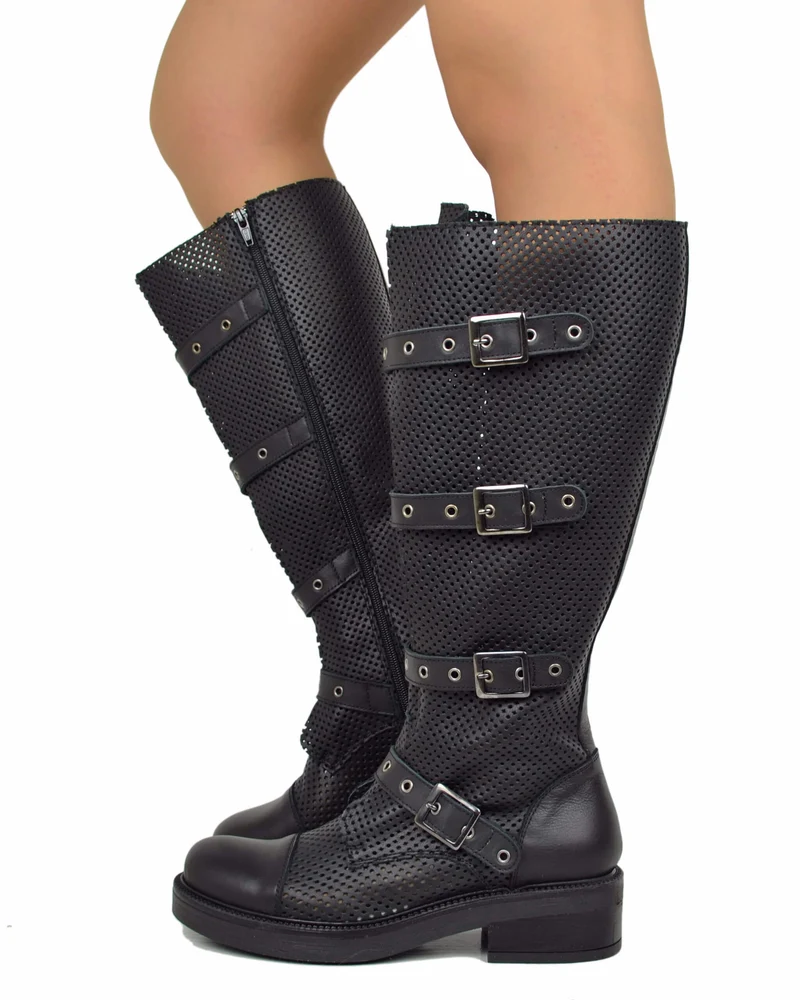 Biker Estivi Traforati GAMBALE XL Regolabile Vera Pelle Fondo Gomma