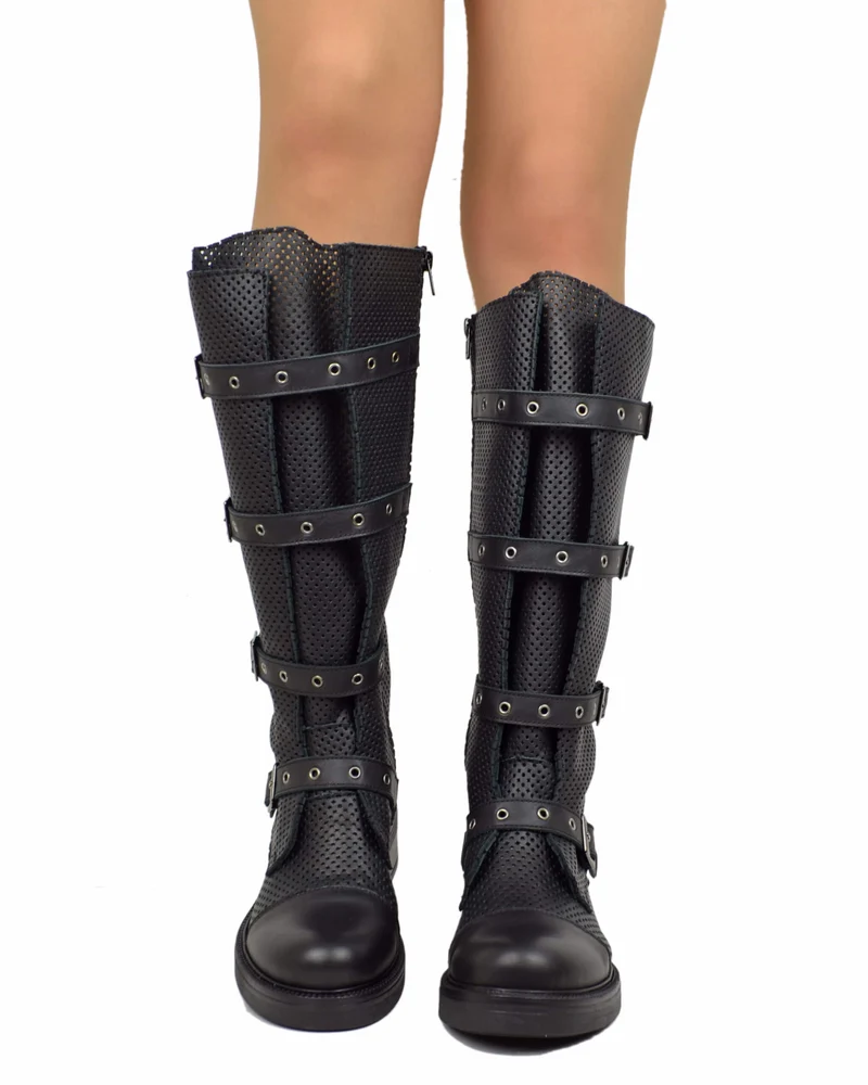 Biker Estivi Traforati GAMBALE XL Regolabile Vera Pelle Fondo Gomma