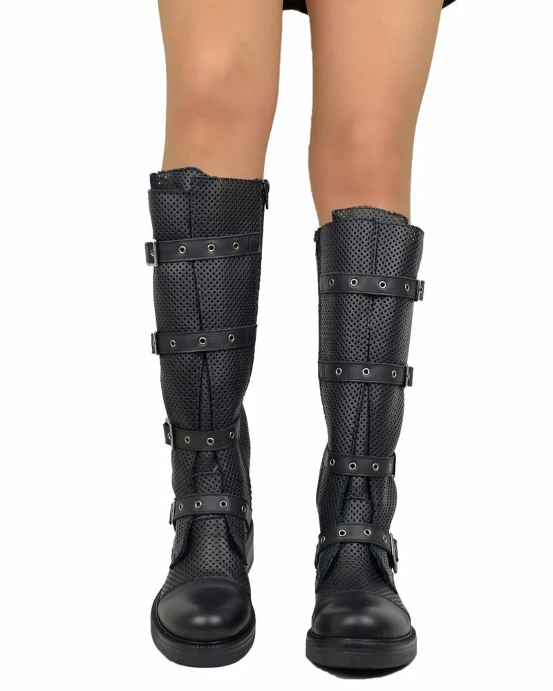 Biker Estivi Traforati GAMBALE XL Regolabile Vera Pelle Fondo Gomma