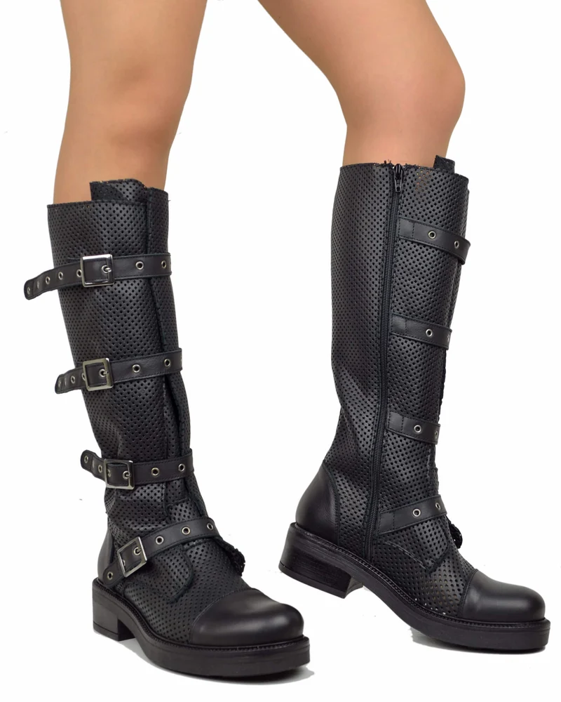 Biker Estivi Traforati GAMBALE XL Regolabile Vera Pelle Fondo Gomma