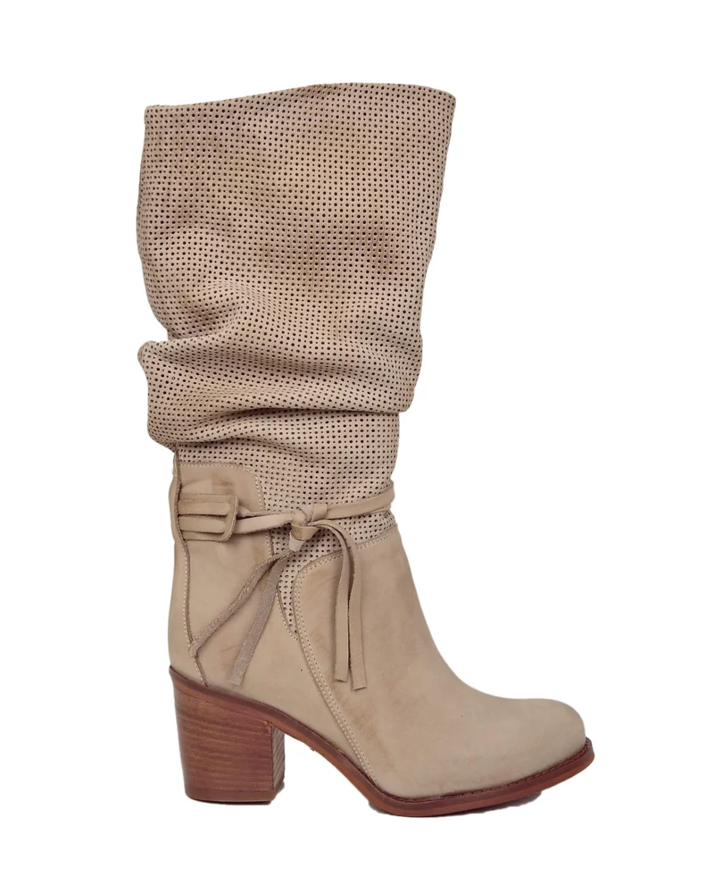Stivali Estivi Donna Traforati in Pelle Sfumata Taupe Tacco Largo Comodo 7 cm