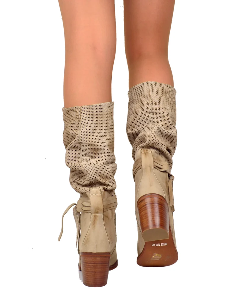 Stivali Estivi Donna Traforati in Pelle Sfumata Taupe Tacco Largo Comodo 7 cm
