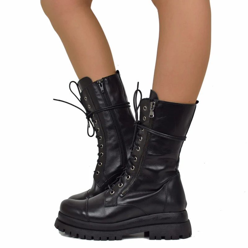 Stivali Anfibi Stringati Doppio Fondo Chunky Boots Vera Pelle Nera