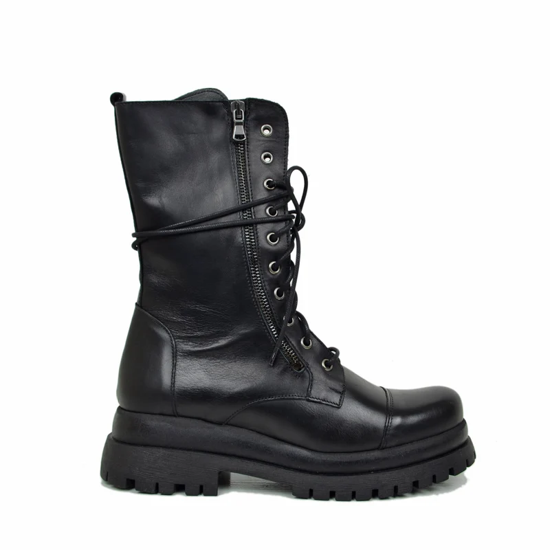 Stivali Anfibi Stringati Doppio Fondo Chunky Boots Vera Pelle Nera