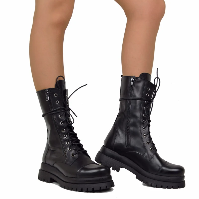 Stivali Anfibi Stringati Doppio Fondo Chunky Boots Vera Pelle Nera