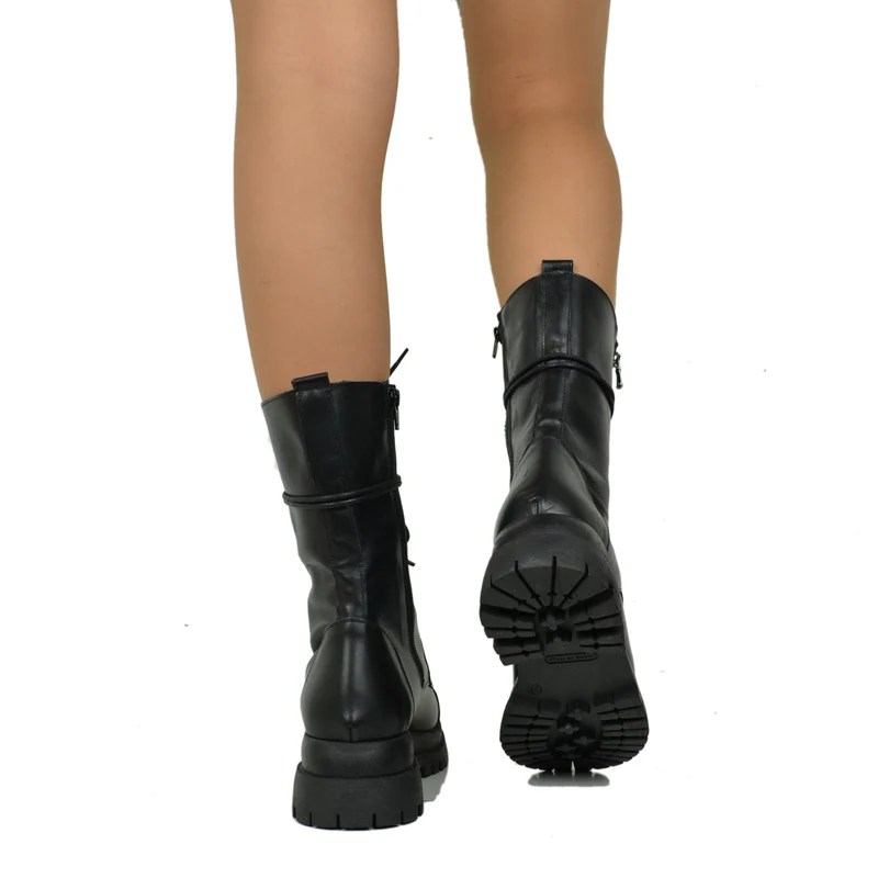Stivali Anfibi Stringati Doppio Fondo Chunky Boots Vera Pelle Nera