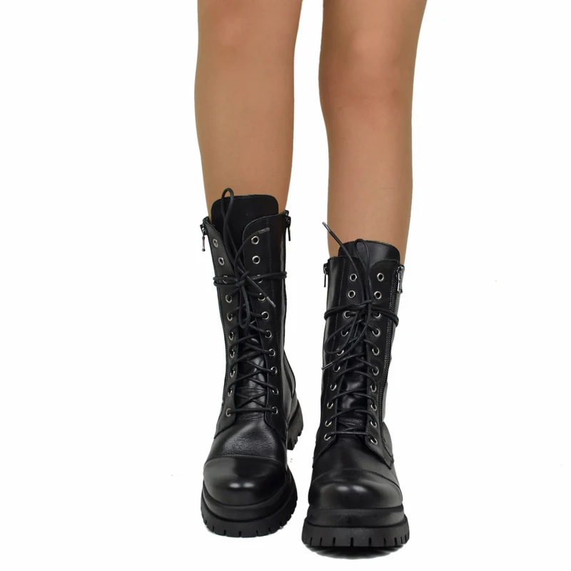 Stivali Anfibi Stringati Doppio Fondo Chunky Boots Vera Pelle Nera