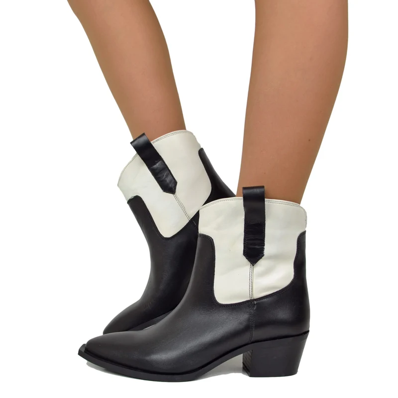 Texano Bicolore Nero Bianco Offwhite Tronchetti Stivaletti Alla Caviglia
