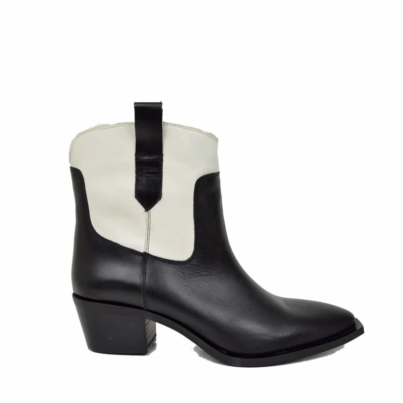 Texano Bicolore Nero Bianco Offwhite Tronchetti Stivaletti Alla Caviglia
